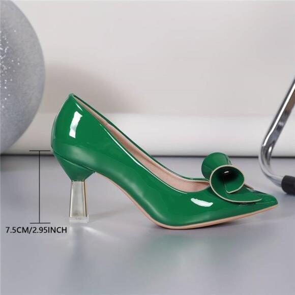 Elegant Green Bowknot‎ High Heels - Glossy Pointed Toe Pumps, Breathable Faux - Picture 5 of 9